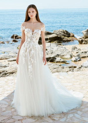 Strapless Ivory Lace Tulle Modern Wedding Dress With Detachable Sleeves